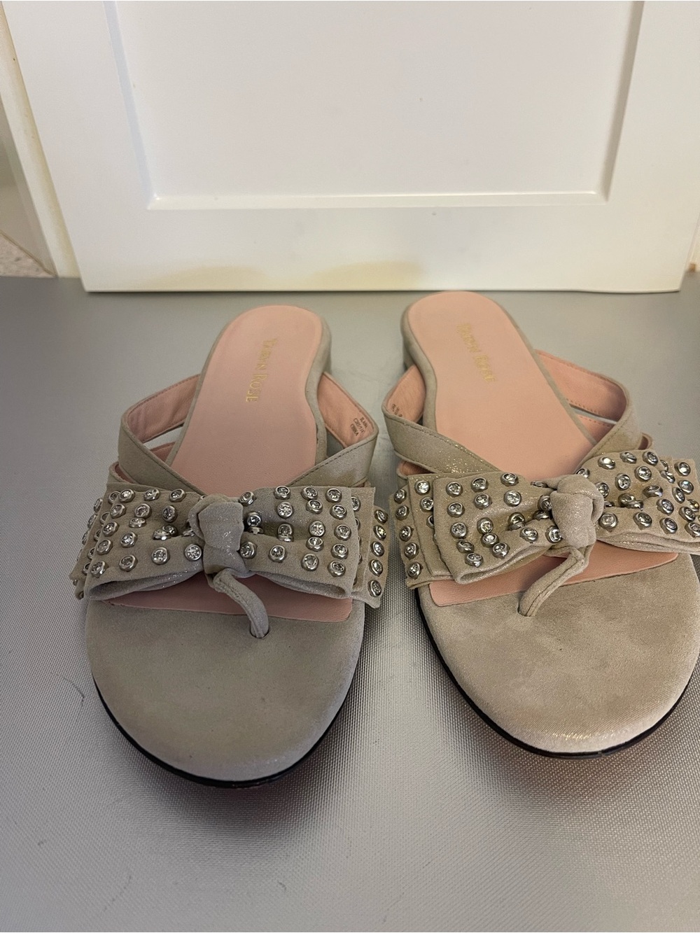 Taryn Rose Suede Distinct Rhinestone Studded Bow Slide Sandals - Taupe - Sz 8.5M